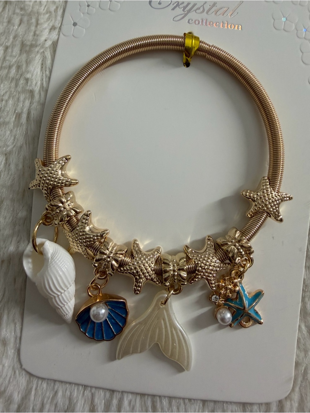 Gold Starfish Charm Bangle Bracelet with Sea Shell & Mermaid Tail Charms